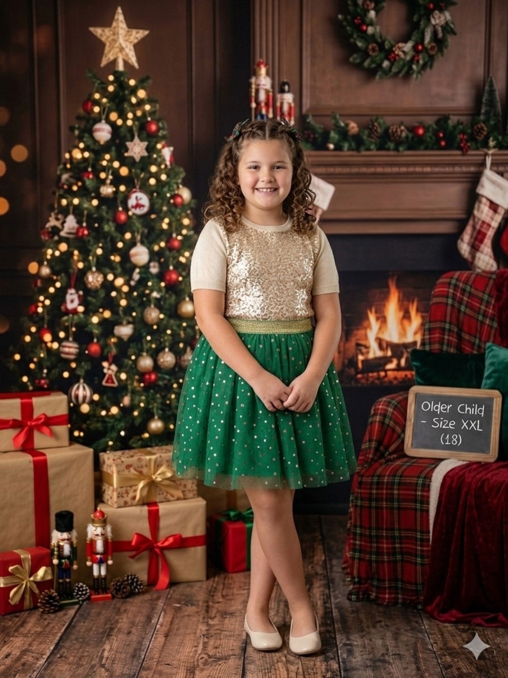 Sparkle Sequin & Green Tulle Holiday Skirt for Kid's Size XXL (18)